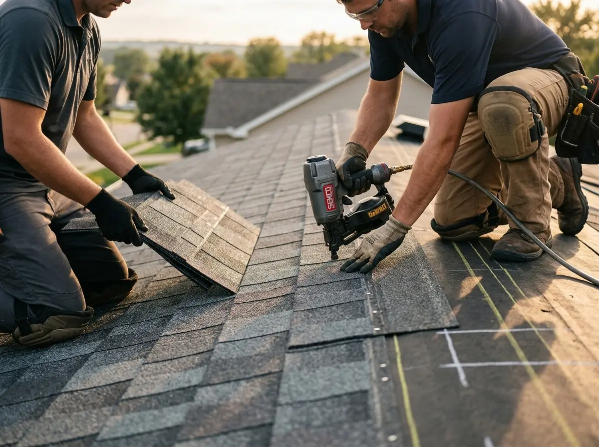 Professional roofer working on a residential roof in New Ipswich